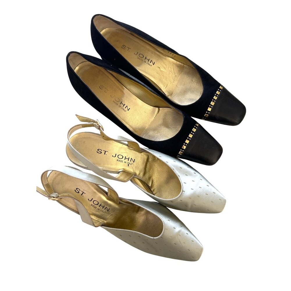 Two Pairs Of St. John Women's Heels - Black Suede Square Toe & Silver Leather